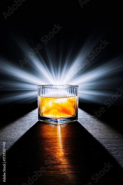 Fototapeta Whiskey glass glowing with striking light rays