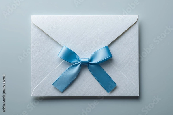 Fototapeta Top view of a closed empty envelope with a blue bow on a light background
