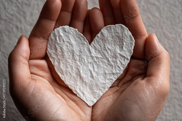 Fototapeta Top view of hands holding a white paper heart with a crumpled texture
