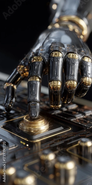 Obraz High-resolution cyberpunk-style close-up of a black robotic hand with gold accents pressing a glowing golden button on a sleek black control panel. Perfect for tech and sci-fi themes. Generative Ai.