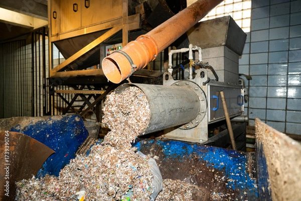 Fototapeta Workers at a recycling facility use advanced machinery to sort and process waste material, contributing to environmental sustainability and resource recovery efforts.