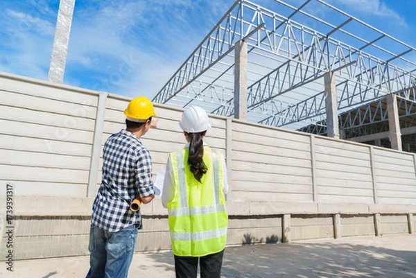 Fototapeta Engineers discussing construction project during site inspection