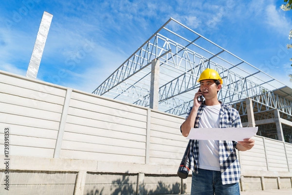 Fototapeta Construction engineer managing building project on phone