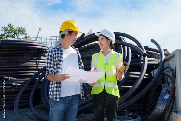 Fototapeta Engineers discussing construction project plans on site