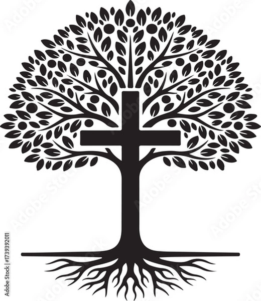Fototapeta Black silhouette of a cross integrated into a tree with roots Keywords: cross, tree, silhouette