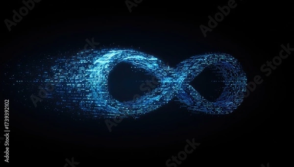 Fototapeta A flowing blue infinity symbol composed of digital particles against a dark background