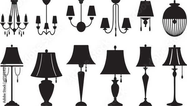 Fototapeta Assortment of Chandelier and Table Lamp Silhouettes on White Background Keywords: chandelier, lamp