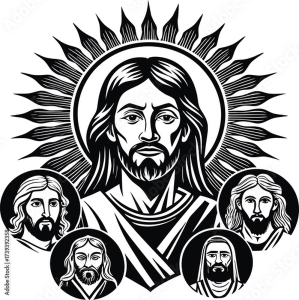 Fototapeta Jesus Christ Surrounded By Four Smaller Portraits In A Circular Design Keywords: Jesus Christ