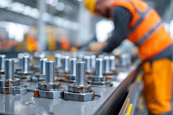 Fototapeta Industrial Worker and Metal Bolts in Factory