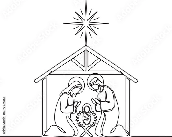 Fototapeta Continuous Line Drawing Nativity Scene with Star of Bethlehem christmas jesus
