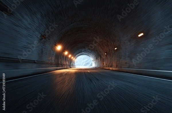 Fototapeta View from inside a dark, arched road tunnel with lights leading to bright exit