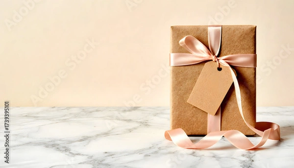 Fototapeta Wrapped gift box with ribbon on marble countertop for Boxing Day  