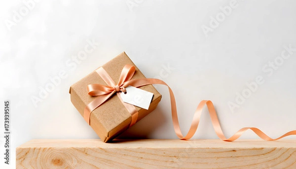 Fototapeta Gift box with peach ribbon and tag on wooden surface for Boxing Day  
