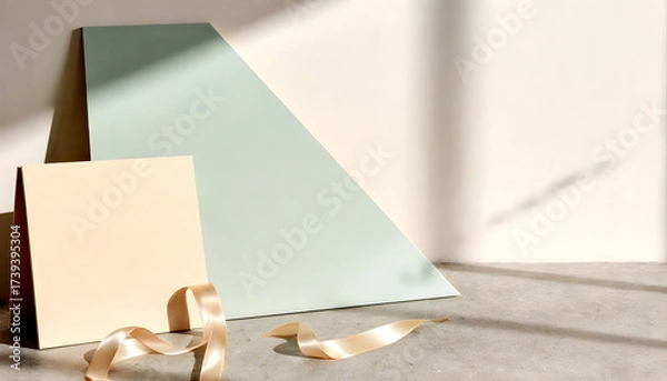 Fototapeta Geometric shapes with soft pastel colors and ribbons on textured surface  
