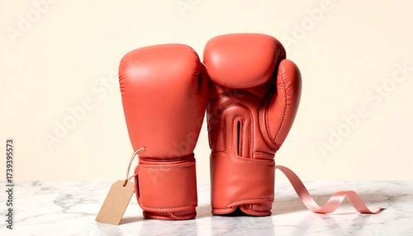 Fototapeta Red boxing gloves with price tag and ribbon on marble background  