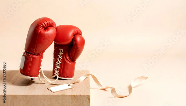 Fototapeta Red boxing gloves resting on a wooden block with a ribbon for Boxing Day  