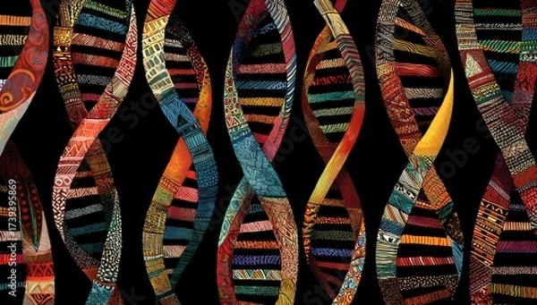 Fototapeta A stylized rendering of interwoven DNA strands adorned with colorful, patterned textiles against a black background