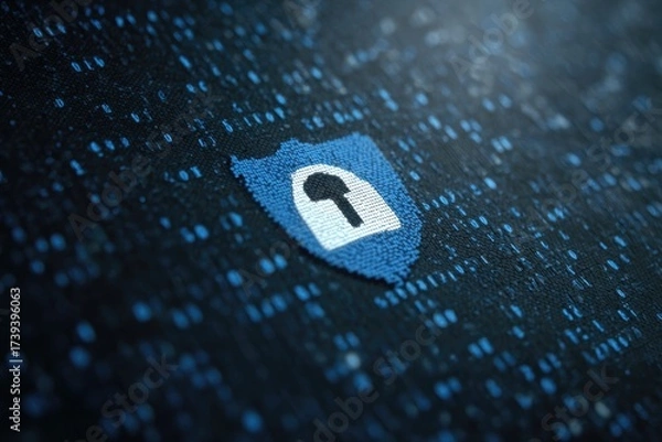 Fototapeta Digital security concept shield with keyhole emblem against a background of binary code dots