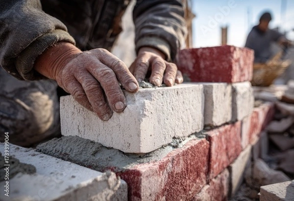 Fototapeta A construction worker carefully places a brick, building a structure, with close-up shot