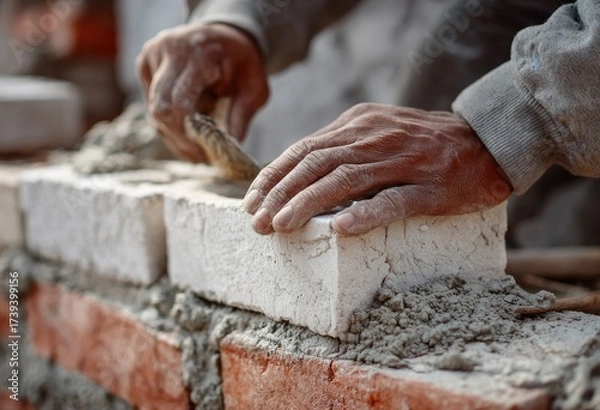 Fototapeta Close-up captures a construction worker placing a brick with mortar, building a wall