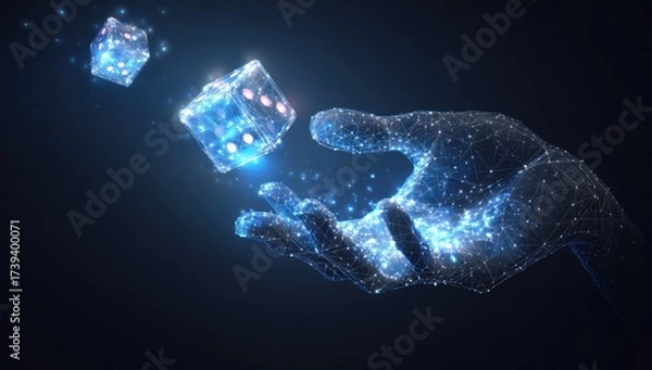 Fototapeta Digital rendition depicts a glowing, polygonal hand throwing dice against a deep blue backdrop