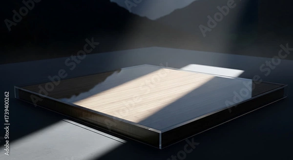 Fototapeta Illuminated wooden product display platform with dark mountain background