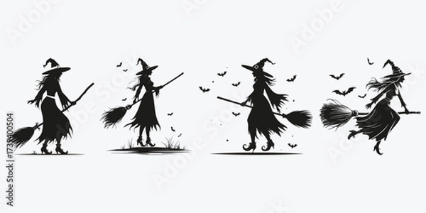 Fototapeta witch on a broom sketch illustration vector set