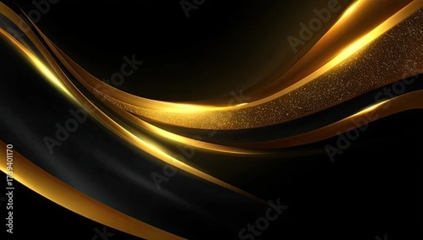 Fototapeta Abstract wavy composition of gold and black lines with gleaming highlights on a dark backdrop