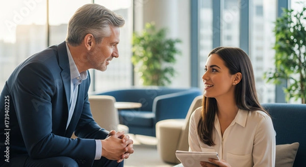 Fototapeta An ultra-realistic, natural shot of an experienced male executive (50s) leaning slightly towards a younger female mentee (20s) in a modern office lounge. They are engaged in a calm, focused conversati