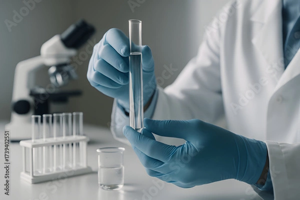 Obraz Scientist or medical in lab coat holding test tube with reagent, Laboratory glassware containing chemical liquid