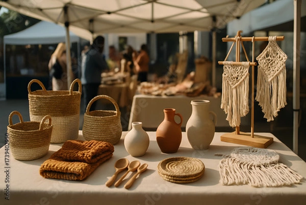 Obraz Craftspeople showcase their handmade items on a table