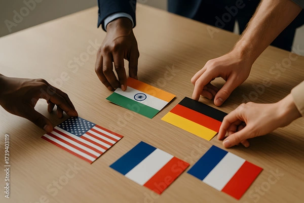 Fototapeta Colorful miniature flags global unity diversity international cooperation