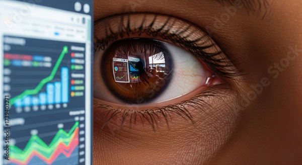 Fototapeta  An ultra-realistic, close-up of a person's eye (30s, diverse) intensely focused on a large, high-resolution monitor displaying complex, real-time business analytics dashboards with vibrant graphs .