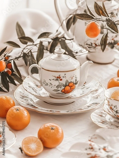Fototapeta Tea set with Floral Detailing and Fresh Mandarin Oranges on a Linen Tablecloth