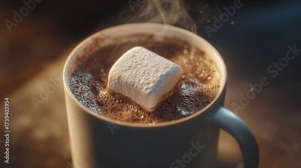 Fototapeta A warm cup of hot chocolate topped with a fluffy marshmallow, steaming gently in the cozy ambiance.