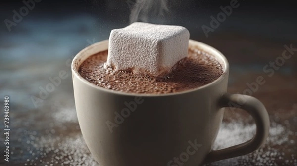 Fototapeta A warm cup of hot chocolate topped with a fluffy marshmallow, exuding steam in a cozy setting.