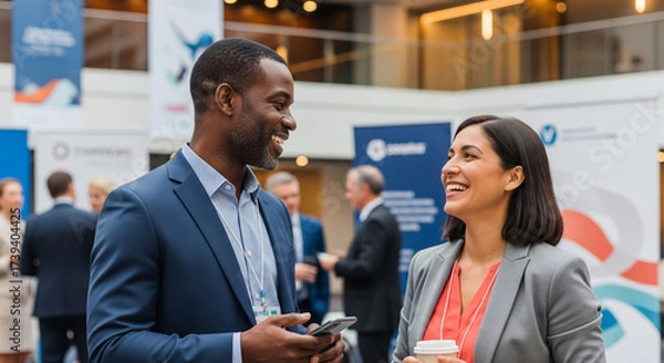 Fototapeta natural shot of two business professionals (40s-50s, diverse) smiling and engaged in conversation at a modern business conference