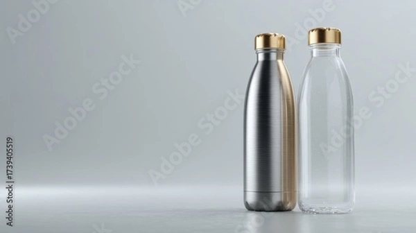 Fototapeta Two stylish reusable water bottles, one metallic silver and one transparent, showcased on a clean background.