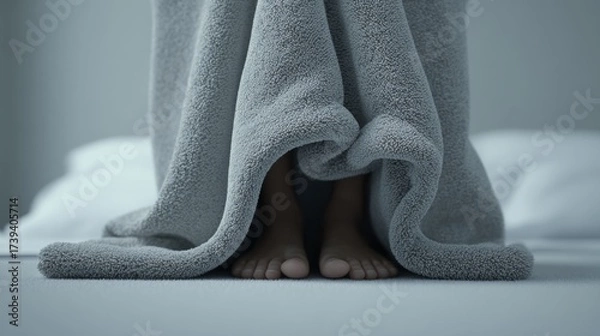 Fototapeta A close-up of a pair of bare feet peeking out from under a soft, gray blanket in a cozy bedroom setting.