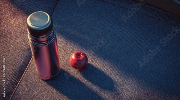 Fototapeta A shiny silver thermos beside a vibrant red apple, casting long shadows in warm light.