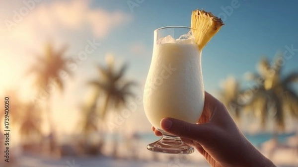 Fototapeta Charming tropical cocktail with a pineapple slice held against a sunset backdrop with palm trees. Perfect for a summer vibe.