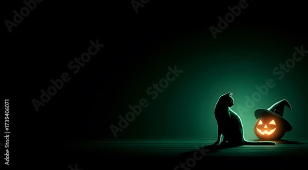 Fototapeta Black cat sits beside a jack-o'-lantern wearing a witch hat in a dimly lit setting perfect for Halloween