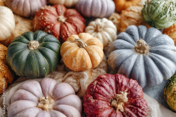 Fototapeta Close-up view of several autumn pumpkins of various colors and sizes