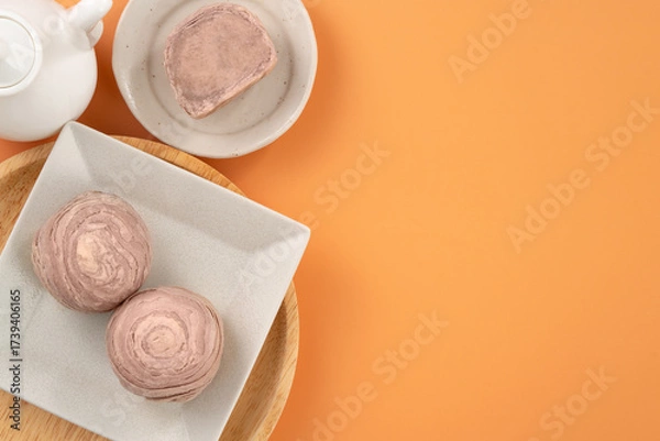 Obraz Taro puff pastries with teapot and cups for Mid Autumn Festival