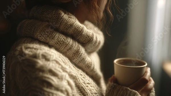 Fototapeta A woman in a cozy, knitted sweater enjoys a warm drink as steam rises from her cup, creating a serene and intimate atmosphere.
