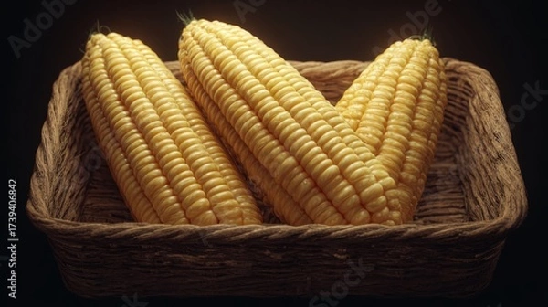 Fototapeta Freshly harvested corn cobs displayed in a rustic woven basket, showcasing their vibrant yellow kernels.
