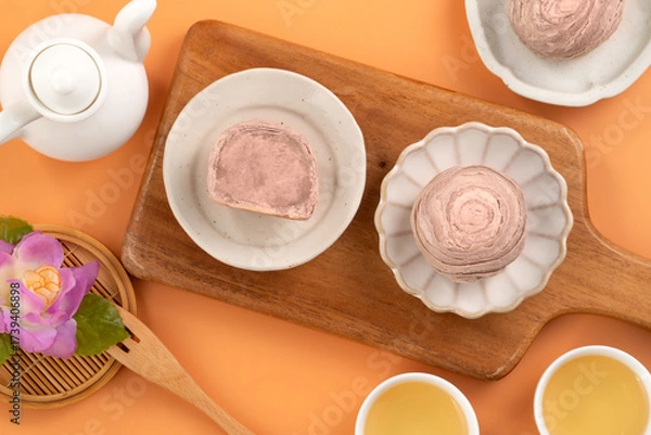 Obraz Taro puff pastries with teapot and cups for Mid Autumn Festival