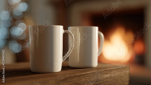 Fototapeta Two white mugs sit on a rustic wooden table, warmly illuminated by a cozy fireplace in the background.