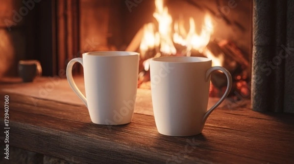 Fototapeta Two steaming mugs sit on a wooden mantel beside a cozy fireplace, creating a warm and inviting atmosphere.
