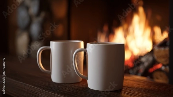 Fototapeta Two steaming coffee mugs sit against a cozy fireplace backdrop, inviting warmth and comfort.
